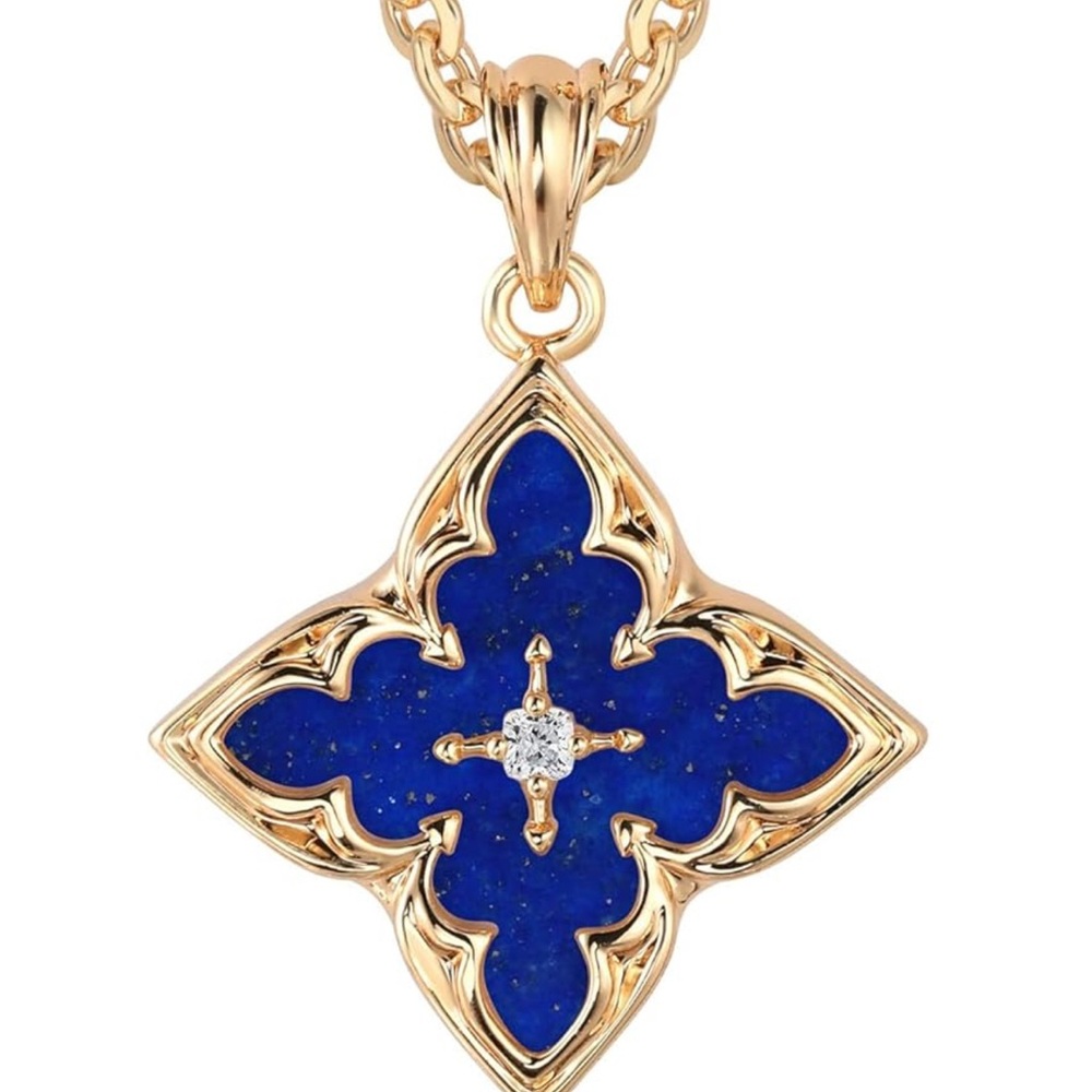 Gold Lapis Stone Clover Necklace - Picture 2 of 5